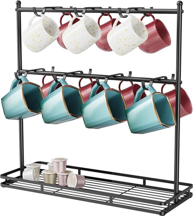 Coffee Mug Holder for Countertop, Tea Cup Holder, 14-Hook Mug Tree Rack for 14 Cups, 2 Tier Mug Display Stand with Heavy Duty Metal Base, Cup-Mug Organizer