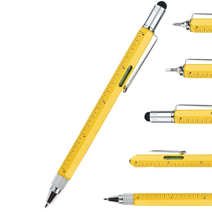 Multitool Pen Cool Gadgets, Novelty Pen with Stylus, Level, Rulers, Screwdrivers, Birthday Gifts for Dad Husband Yellow