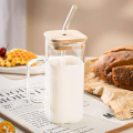 Multi-Color Square Glass Mug With Handle- Straw & Wooden Lid - Drinking Glass, Glass Cups with Lids and Straw. 