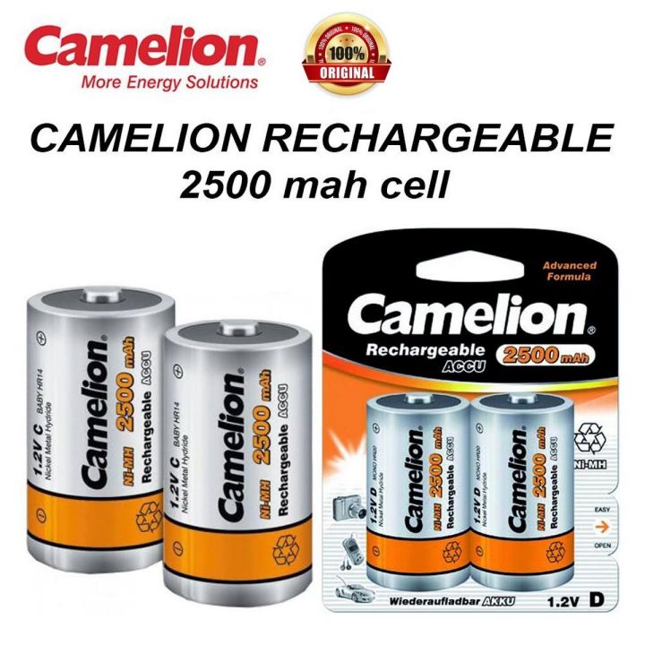 100% Original Camelion D Size Cell Rechargeable Batteries 2500 mah full size chargeable cell 1.2V R20 D size Ni-MH D type rechargeable batteries for flash light gas cooker radio refrigerator