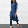 Women Casual Long Sleeve Jeans Shirt Turn Down Collar Long Denim Tops. 