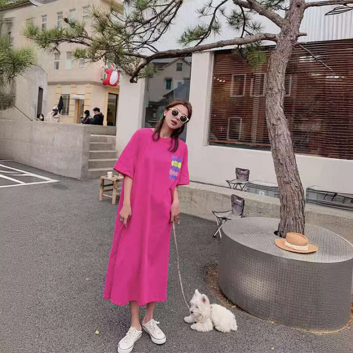 Fat mm summer outfit new lazy short sleeved loose over knee plus size dress 200 pounds long T shirt skirt