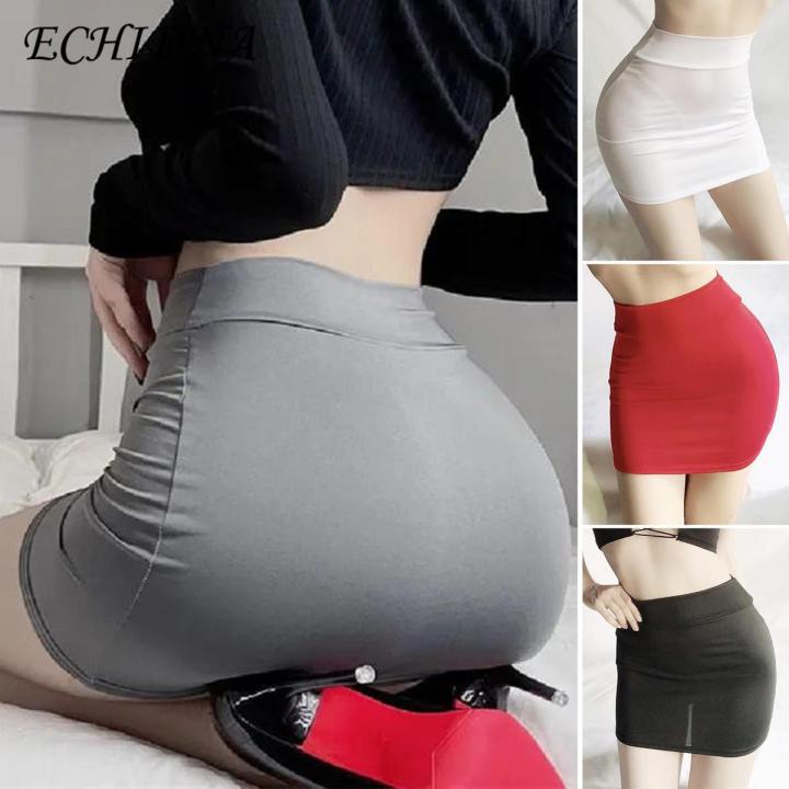 ECHIDNA Women Mini Skirt Ultrathin Skinny Mini Skirt Solid Color Low-rise See-through Hip Lifting Short Women Clubwear Ultrathin Skinny Mini Skirt