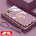 For Huawei Nova 7i Back Cover with Ring Holder Stand + Wrist Strap Shiny Plating Square Bumper Protective Case Soft Silicone Shockproof Mobile Phone Cases. 