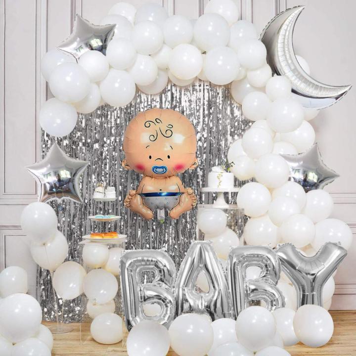 75Pcs Golden Baby Decoration Combo Moon & Star Foil Balloon White Latex Balloon With Baby Letter- Boy Shape Foil Balloon Set For Welcome Home Baby Shower Birthday Party Decoration.