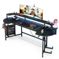 Curved Shaped Gaming Computer Desk with Hoster Holder Headphone Hook for Home Office, Black (Customised). 