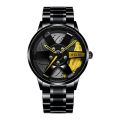 Men Quartz Watch for Waterproof Vacuum Plating Strap with Car Wheel Rim Hub Design Sport Automatic Wristwatch (Does not rotate). 