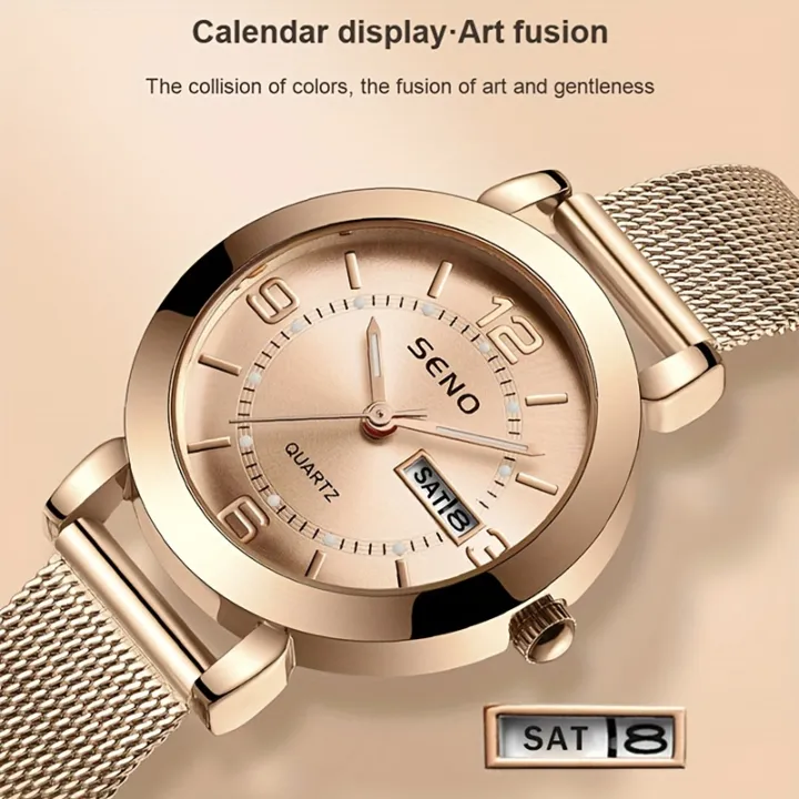 Seno Women's Watch Luxury Luminous Quartz Watch Calendar Analog WR Stainless Steel Wrist Watch