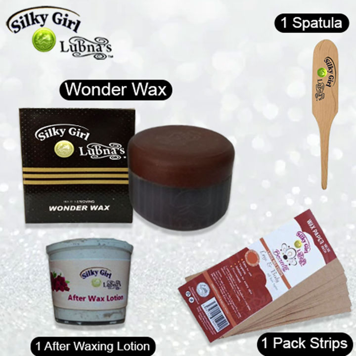 Wax / Silky Girl Lubna`s Wonder Wax With 1 Spatula, 1 Pack Strips & 1 After Waxing Lotion / Combo Deal For Girls & Women / Hair Remover / Body Wax / Professional Wax / Home Waxing / Wax Applicator / Natural Wart Remover Skin Tag Remover.