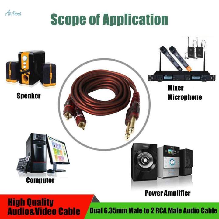 Audio Cable Dual 1/4" Jack 6.35mm to Dual RCA Phono Male for Mixer Amplifier