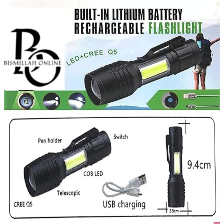 Pocket size torch light - Mini LED Micro USB Charging with Cable and Case - Powerful torch COB Small Rechargeable - Swat Rechargeable Hand Lamp -Mini Flashlight Built In Battery Zoom Torch -  Adjustable Outdoor Waterproof emergency Pocket Light