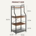 Kitchen Bakers Rack, Microwave Oven Stand with Large Wire Basket, Industrial Coffee Bar Station, 4-Tier Kitchen Utility Storage Shelf  , Pots Organizer, Rustic Brown. 