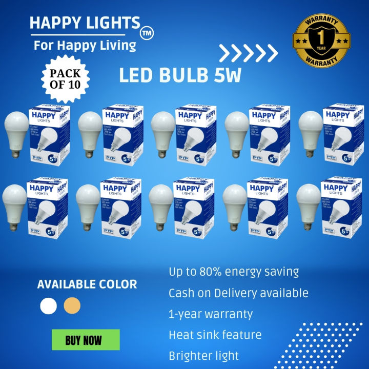 (Pack of 10) Happy Lights 5W LED BULB, 100Lm/W, 500 LUMENS LED Bulb 5 Watt with One Year Warranty, High-Quality energy-saving LED Bulb 5W