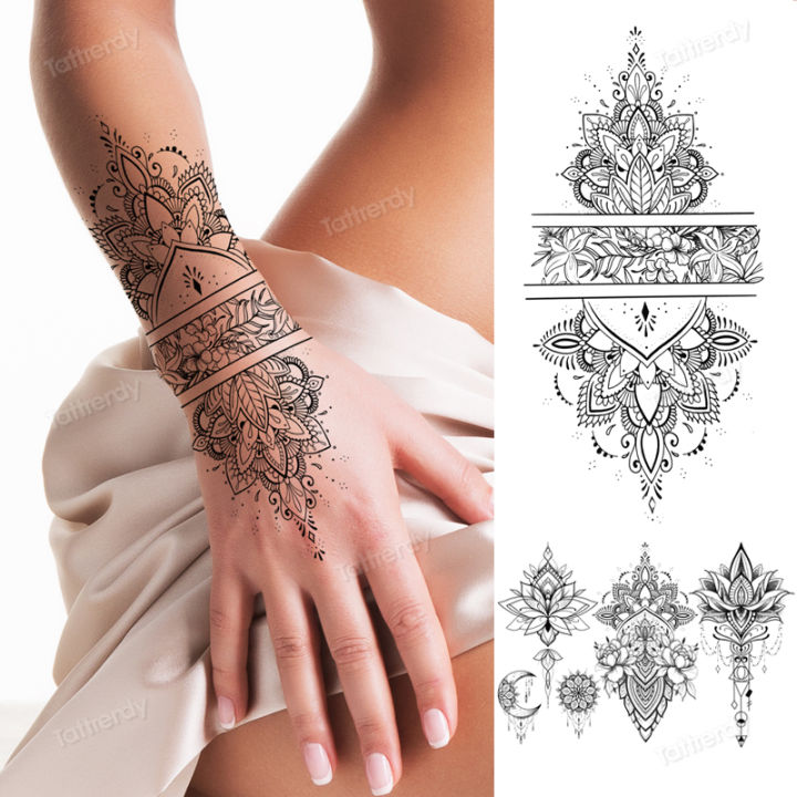 henna tattoo mandala lotus flowers jewery arabic indian egyptian tattoo sleeve hand finger breast tatoo black waterproof