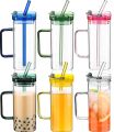 Techmanistan Random Color 400ml Square Glass Mug With Handle, Straw & Lid, Drinking Glass, Adorable Glass Cups with Lids and Straw, Glass Tumbler Coffee Cup Coffee Mug. 