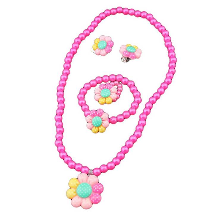 Flower Artificial Pearls Kids Girls Earrings Bracelet Necklace Ring Jewelry Set