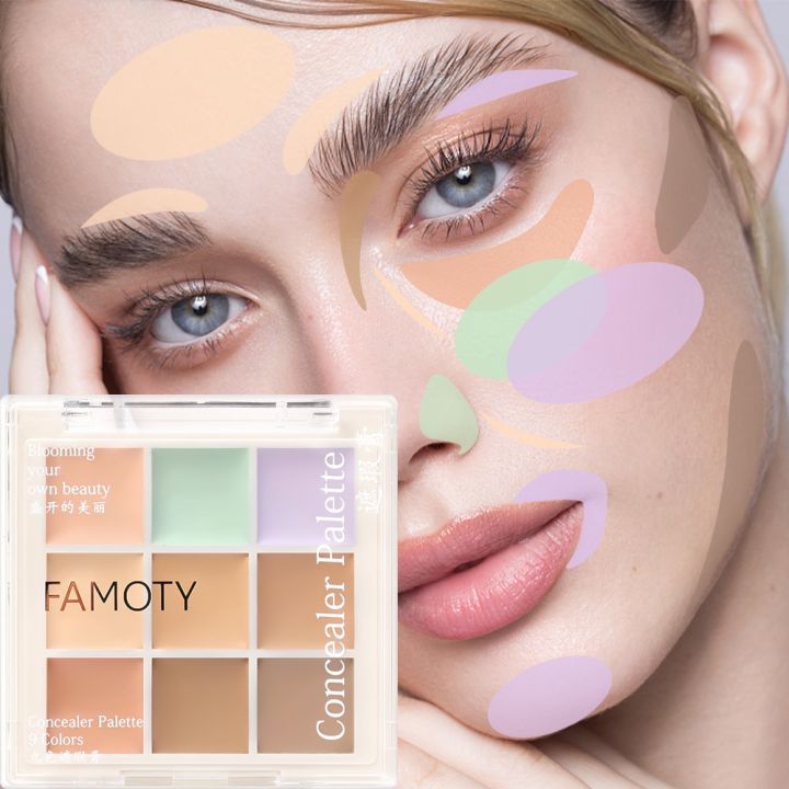 FAMOTY Nine-colors Concealer Palette Long-lasting Moisturize Color Corrector Cream Bronzer Contouring Brightening Highlighter Dark Circles Cover Cosmetics Tools