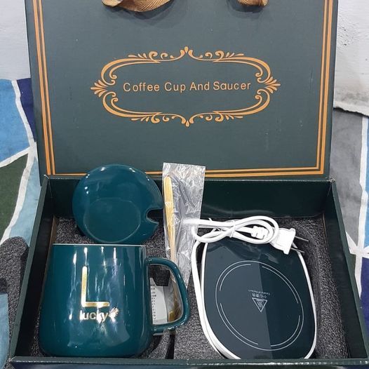 Electric Heating Cup Pad with Ceramic Mug, Lid & Spoon / Portable Coffee Heating Mug Set / Power Plug Heating Mug Warmer /Electric Coffee Cup Warmer / Automatic Coffee Warming Ceramic Cup