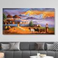 Paper or foam board | Not wrapped in wood frame inches X 48 inches | Quality 24 | Extra large single panel landscape village morning sunrise glowing mountain artwork matte canvas cotton print | High quality inches | Tightly. 