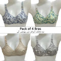 Pack of 4 Printed Bras for Women Cotton Bra for Ladies in Random Colors Fits B-Cup Wireless Bra for Girls Printed Bra Undergarments - Bilal Online. 