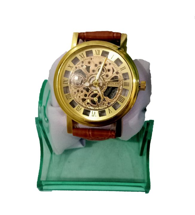 leather belt golden color and brown leather belt 2nd copy of Rolex Skeleton Double Sided Glass Transparent Watch for Men / Women / Girls / Boys