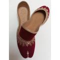 Maroon Golden Khussa for Girls – Stylish and Comfortable Eco-Friendly Party and Casual Footwear. 