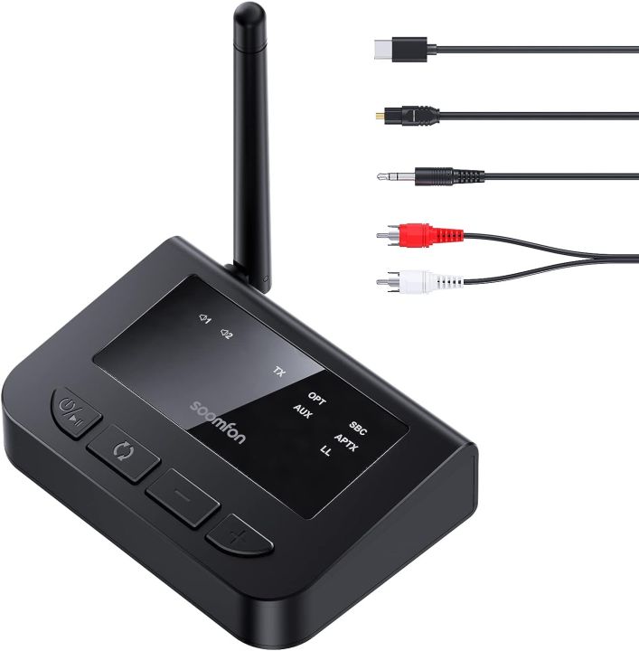 SOOMFON Bluetooth Transmitter for TV, SOOMFON Bluetooth 5.0 Audio Transmitter with Volume Control, Splitter Bluetooth Adapter for TVPC, aptX Low Latency, Ultra Long Range (Black) ORIGINAL UK ZONE STOCK