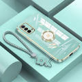 For OnePlus Nord N200 5G / Nord N300 Back Cover with Lanyard Rhinestone Ring Stand Luxury 6D Plating Square Frame Phone Case Shiny Holder Soft Silicone Protective Cases Pouch Girls. 
