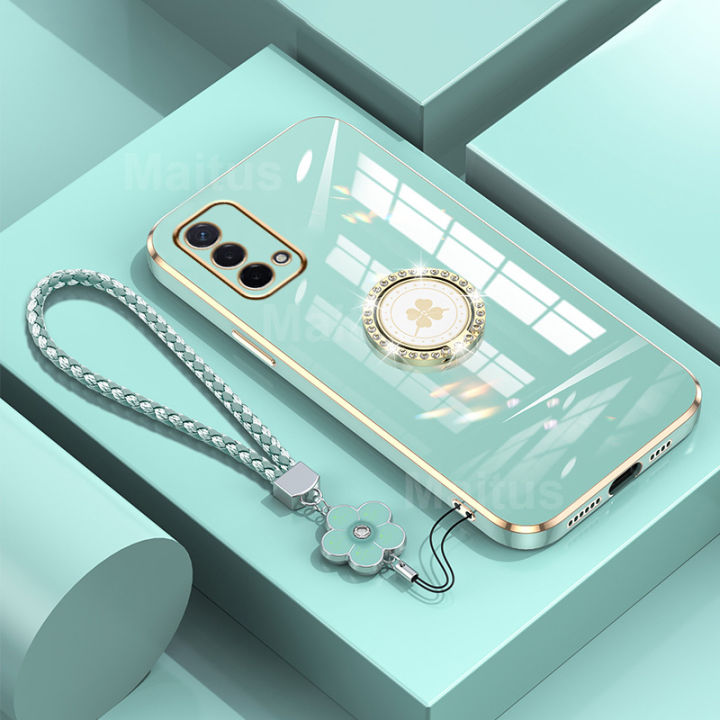 For OnePlus Nord N200 5G / Nord N300 Back Cover with Lanyard Rhinestone Ring Stand Luxury 6D Plating Square Frame Phone Case Shiny Holder Soft Silicone Protective Cases Pouch Girls