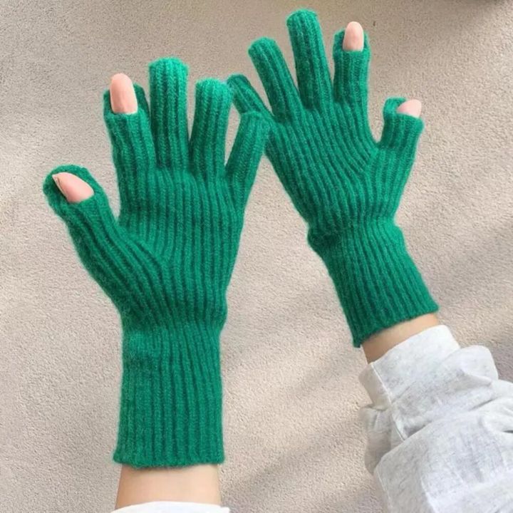 Touch Screen Gloves Thumb Hole Anime Women Winter Thicken Warm Knitted Stretch Gloves Full Finger Skiing Harajuku Y2k Mittens 장갑