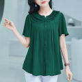 bellylady Summer Large Size Blouse For Women Short Sleeves Loose Chiffon Shirt Simple Solid Color Elegant Cardigan Tops. 