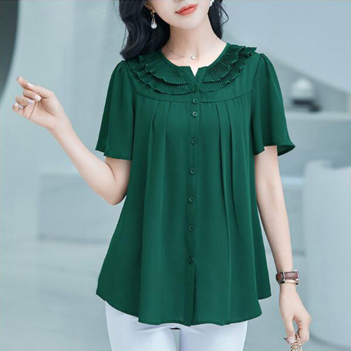 bellylady%20Summer%20Large%20Size%20Blouse%20For%20Women%20Short%20Sleeves%20Loose%20Chiffon%20Shirt%20Simple%20Solid%20Color%20Elegant%20Cardigan%20Tops%20-%20Image%209