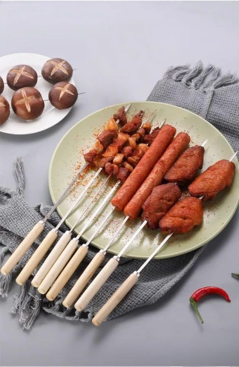 (Pack of 6) Reusable Flat Barbecue Skewers Set with Wooden Handle