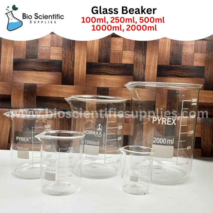 Glass Beaker set of 100 ml, 250 ml, 500 ml, 1000 ml, 2000 ml Pyrex, Low Form (Griffin), 3.3 Borosilicate Glass, marking scale, graduated. High-quality glass beakers for laboratory use.