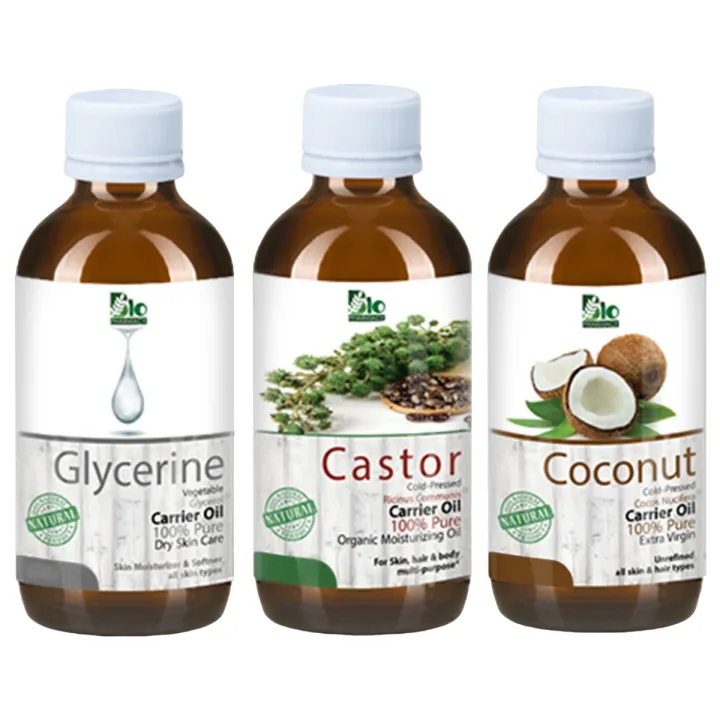 Set of 3  Castor oil  Coconut Oil  Glycerin Oil - 100% Pure & Natural Best for Skin & Hair care Recipes