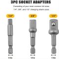 3 PCS 1/4", 3/8", 1/2" Drive, Socket Adapter for Drill, 3/8 to 1/2 Socket Adapter, 3/8 to 1/4 Socket Adapter, Adaptation to High Torque Impact Wrenches. 