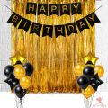 17Pcs Happy Birthday Golden Foil Curtain, Banner And Balloons Decoration Items Combo For Birthday Party Supplies. 