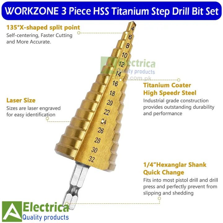 WORKZONE%203%20Piece%20HSS%20Titanium%20Step%20Drill%20Bit%20Set%20%E2%80%93%20Multi-Size%20Metal%20Drilling%20Tool%20Kit%20by%20Electrica%20-%20Image%202