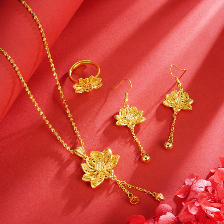 Ancient Fasha Golden Lotus Necklace Earrings Ring Set Versatile Court Chinese Wind Hand Jewelry Yiwu Accessories Wholesale