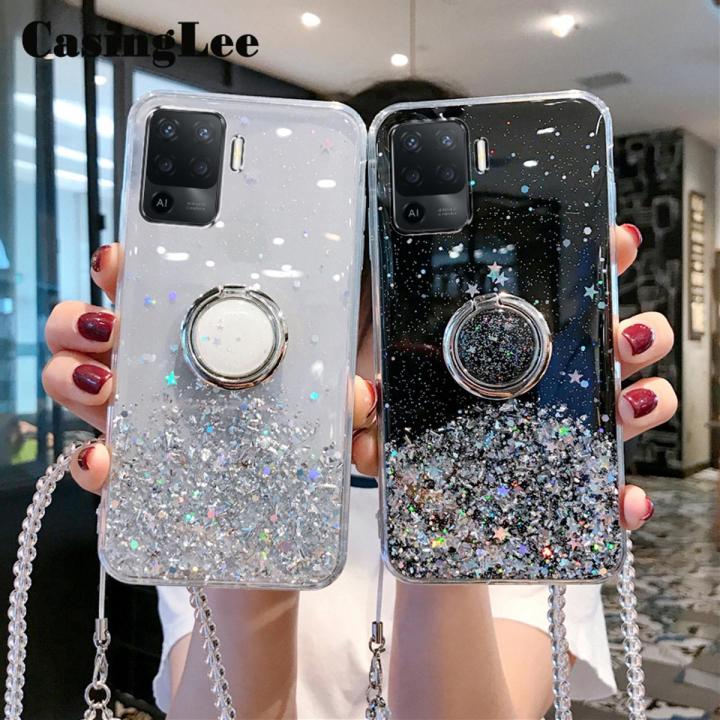 Casinglee for OPPO F19 Pro case Shiny Ring Glitter Soft Transparent Holder Stand Back cover with String for OPPO F19 Pro Phone cases cover Stars Moon Girls