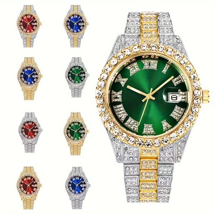 Hip Hop Avant-garde Luxury Artificial Diamond Quartz Men's Watch Fashion Casual Business Sports Golden Men's Watch, Ideal choice for Gifts