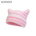 ECHIDNA Exquisite Weaving Beanie Cozy Striped Winter Beanie with Cute Kitty Ears Anti-slip Windproof less Than Adults Knitted Hat. 