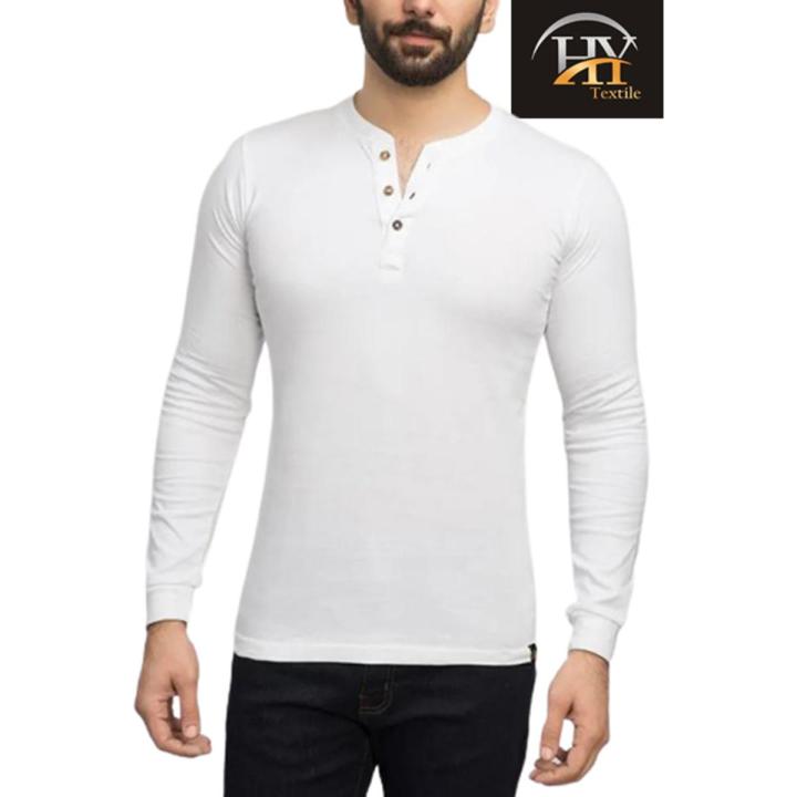 White High Quality 3 Button Henley Full Sleeve T-shirt For Mens by HY Textile