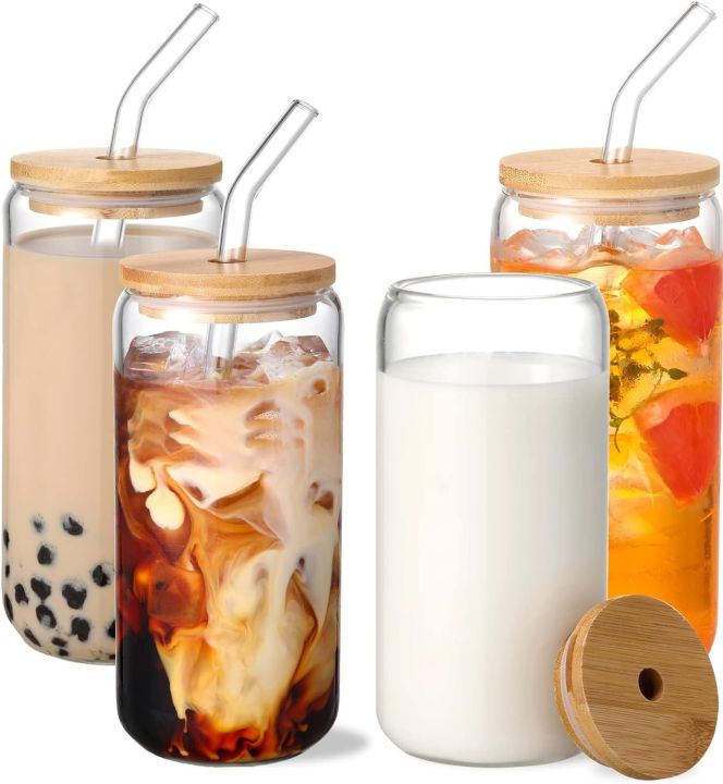 500ml Glass Cups with Bamboo Lids and Glass Straw, Round Glass Mug With Handle, Straw & Wooden Lid, Drinking Glass, Adorable Glass Cups with Lids and Straw, Glass Tumbler Coffee Cup Coffee Mug