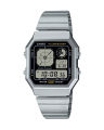Casio General Vintage Mens Silver Resin Case Round Digital World Time, Stop Watch, Timer, Alarm, LED Backlight, Calendar, Multi-Function Silver Stainless Steel Bracelet Watch-A130WE-1ADF. 