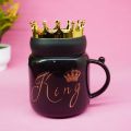 King Queen Crown Design Ceramic Mug With Crown Lid, Coffee Cup Gift For Anniversary & Birthday - Black. 