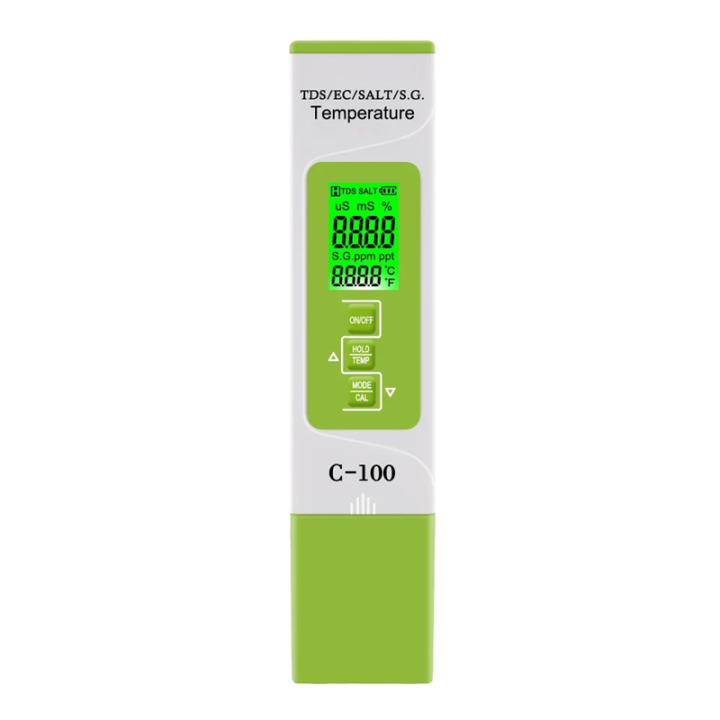 1 Piece TDS/EC/Salinity/S.G./Temperature Salt Meter Digital Sea Water Quality Tester 5-In-1 Green for Swimming Pools