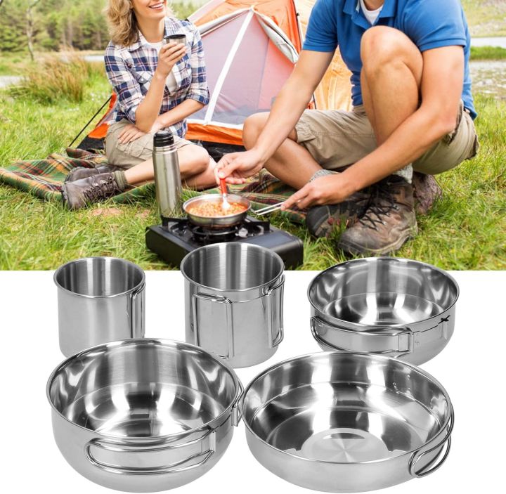 Set of 5 Outdoor Camping Stainless Steel Cookware - Pots, Pans, Glass Set & Gas Stove Pots