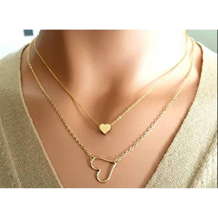 Double Layers Necklace Gold Geometric Heart Shape Chain Necklace