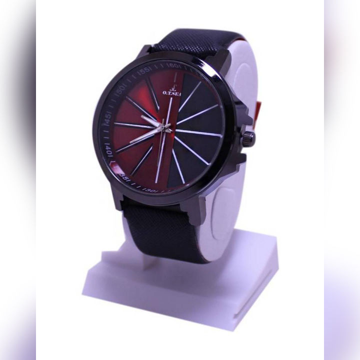 Black & Red Dial Leather Strap Watch For Men